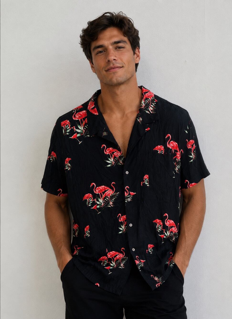 28 PALMS Black Pink Flamingo Printed Design Button Down Beachy Shirt size XL